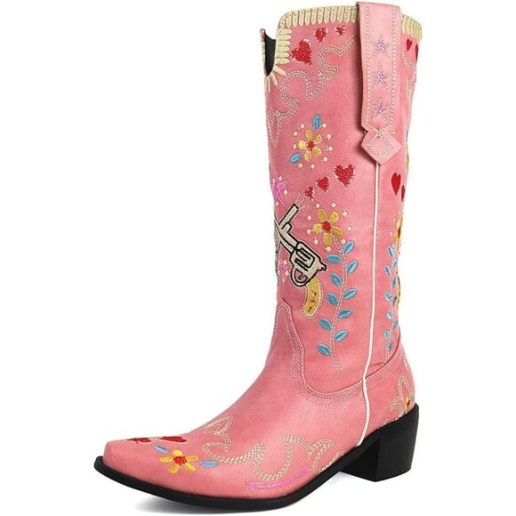 Women's Pink Floral Embroidered Cowgirl Boots Chunky Low Heels Pull On Shoes - Picture 4 of 4